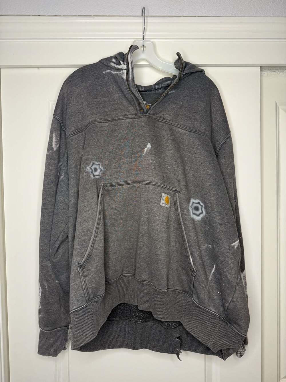 Vintage Carhartt Quarter Zip Hoodie Size 2XL Grey Distressed Paint Splatter